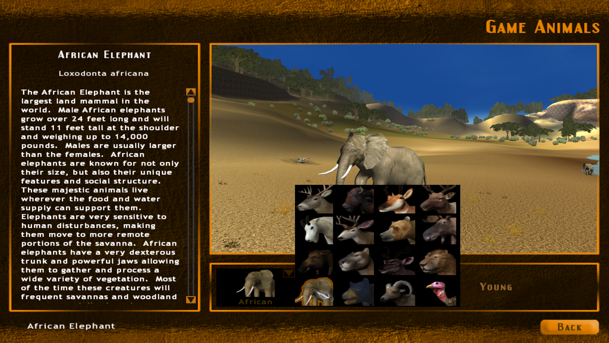 Hunting Unlimited 2008 (Windows) screenshot: Game Animals screen where you can read up on some of the game you can hunt