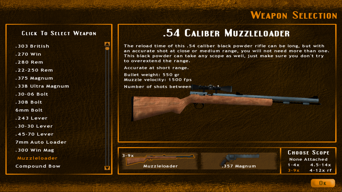 Hunting Unlimited 2008 (Windows) screenshot: Weapon selection screen