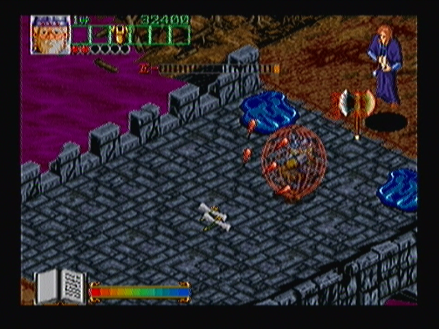 Wizard Fire (Zeebo) screenshot: The second stage boss appears in the middle of it and summons water blobs. With the armor, the character becomes invulnerable for a few hits.
