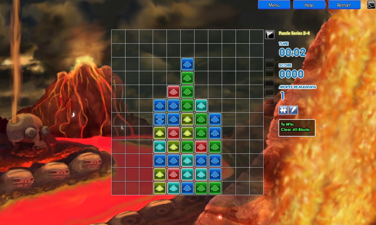 Tidalis (Windows) screenshot: An example of a brainteaser puzzle. Here the player has to remove all blocks in one go