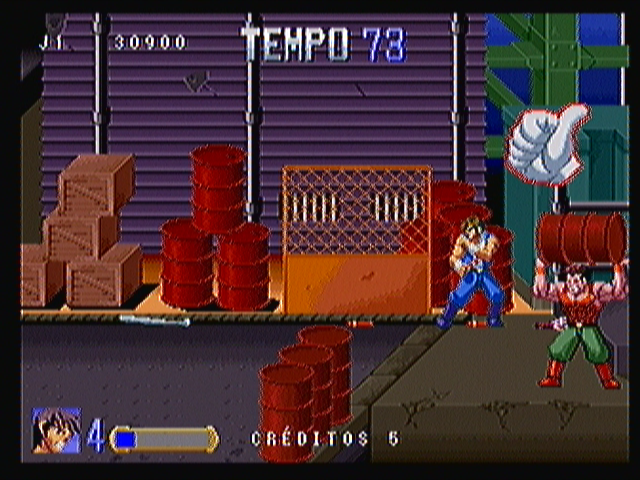 Double Dragon (Zeebo) screenshot: Stage two. The little hand tells the player he can go on.