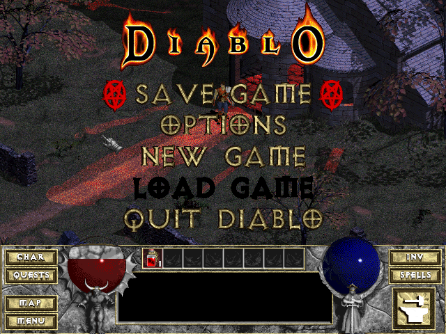 Diablo (Macintosh) screenshot: In game save/options/exit menu