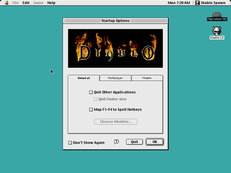 Diablo (Macintosh) screenshot: Game launch menu