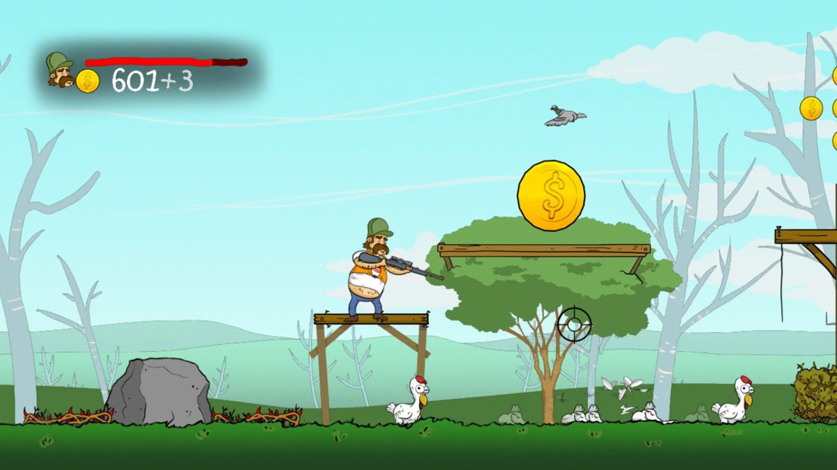 Bird Assassin (Windows) screenshot: The giant coin leads to a bonus level.