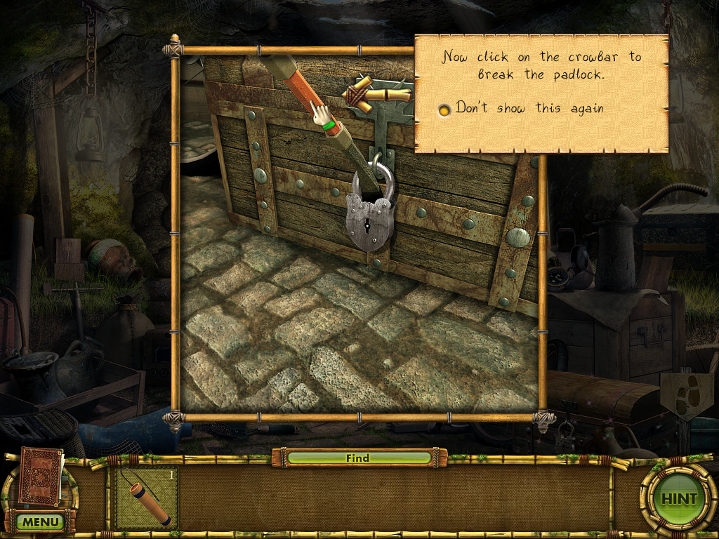 The Treasures of Mystery Island: The Gates of Fate (Windows) screenshot: Using the crowbar to break open a padlock.