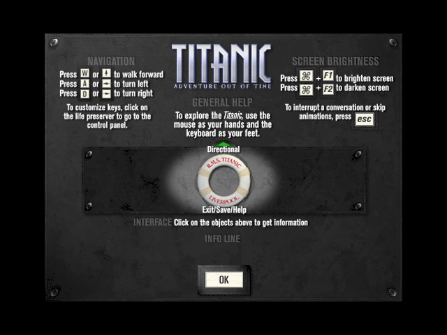 Titanic: Adventure Out of Time (Macintosh) screenshot: In game help screen