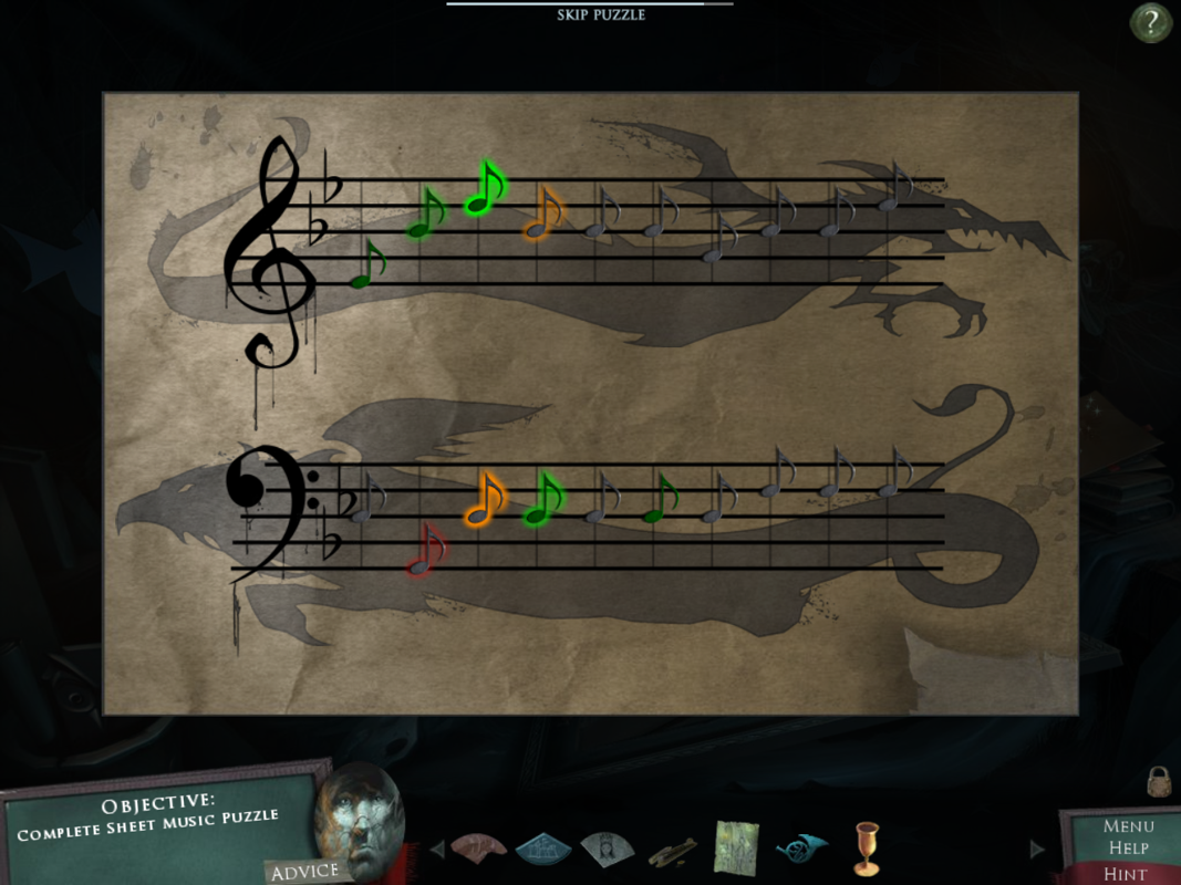 Drawn: Dark Flight (Windows) screenshot: Music notes puzzle