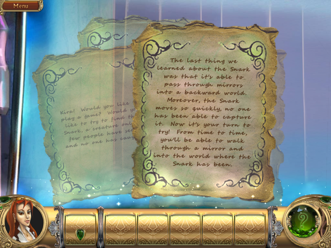 Snark Busters: Welcome to the Club (Windows) screenshot: Reading the note with its mirror reflection.