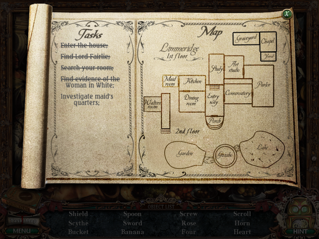 Victorian Mysteries: Woman in White (Windows) screenshot: Task list and map