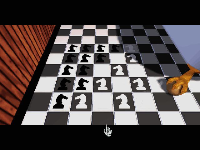 The 7th Guest (Macintosh) screenshot: Chess knights on bathroom tiles puzzle
