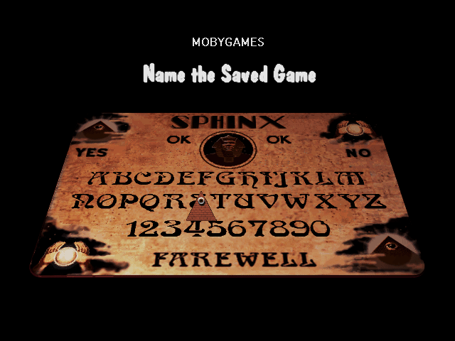 The 7th Guest (Macintosh) screenshot: Game save with 7th guest Ouija spelling out your save