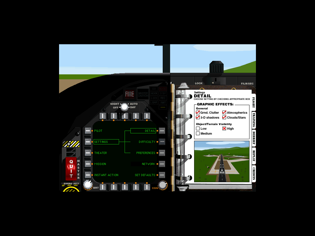 F/A-18 Hornet 3.0 (Windows) screenshot: Setting graphics details to the maximum.