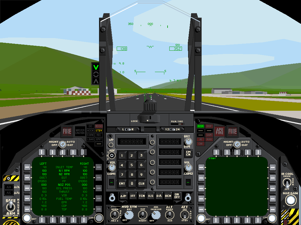 F/A-18 Hornet 3.0 (Windows) screenshot: Taking off! At about 138 MPH the Hornet's pitch gets up.
