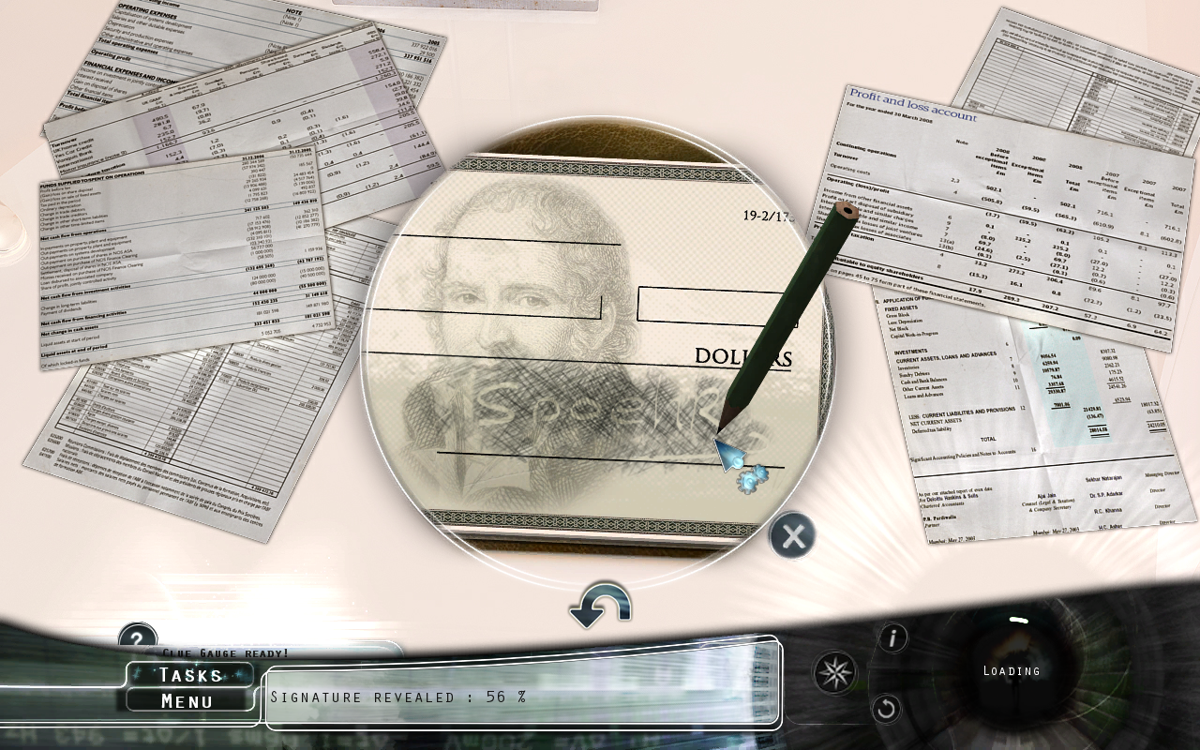 The Fall Trilogy: Chapter 2 - Reconstruction (Windows) screenshot: Revealing the indentations of a signature in the checkbook.