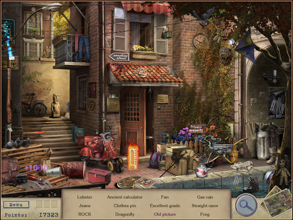 Letters from Nowhere (Windows) screenshot: The thermometer gets hotter when placed near one of the required items.