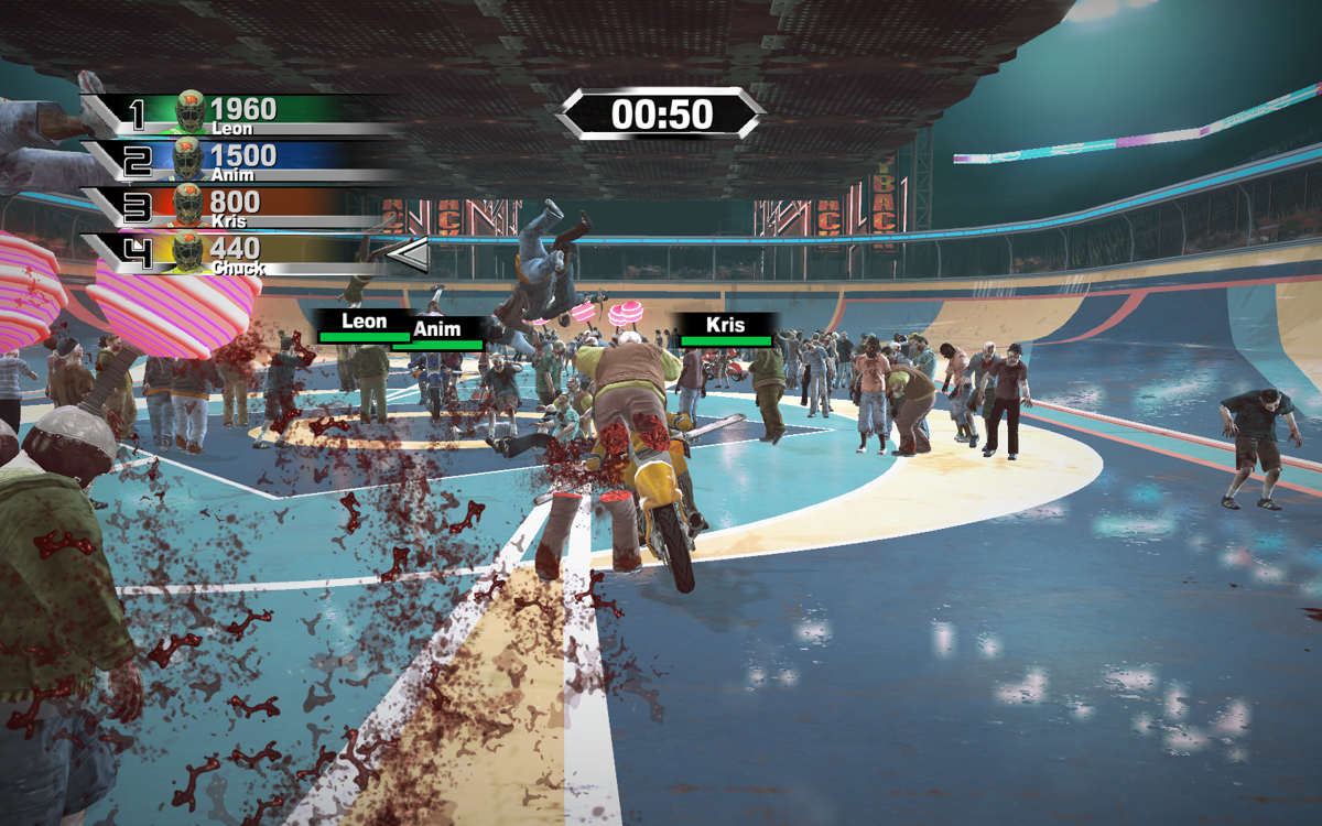 Dead Rising 2 (Windows) screenshot: Now he has to participate in a zombie chainsawing motocross contest to buy Zombrex, the drug to keep his daughter from transforming