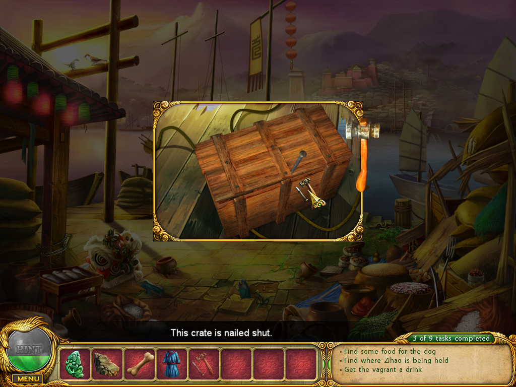 Shaolin Mystery: Tale of the Jade Dragon Staff (Windows) screenshot: Hammering the box lid to open it.