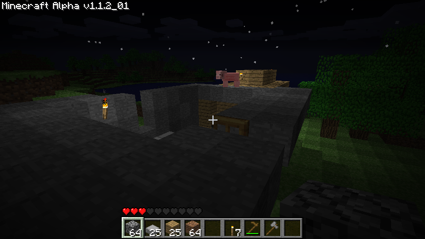 Minecraft (Windows) screenshot: Expanding my home with with a stone keep. A pig got on the roof