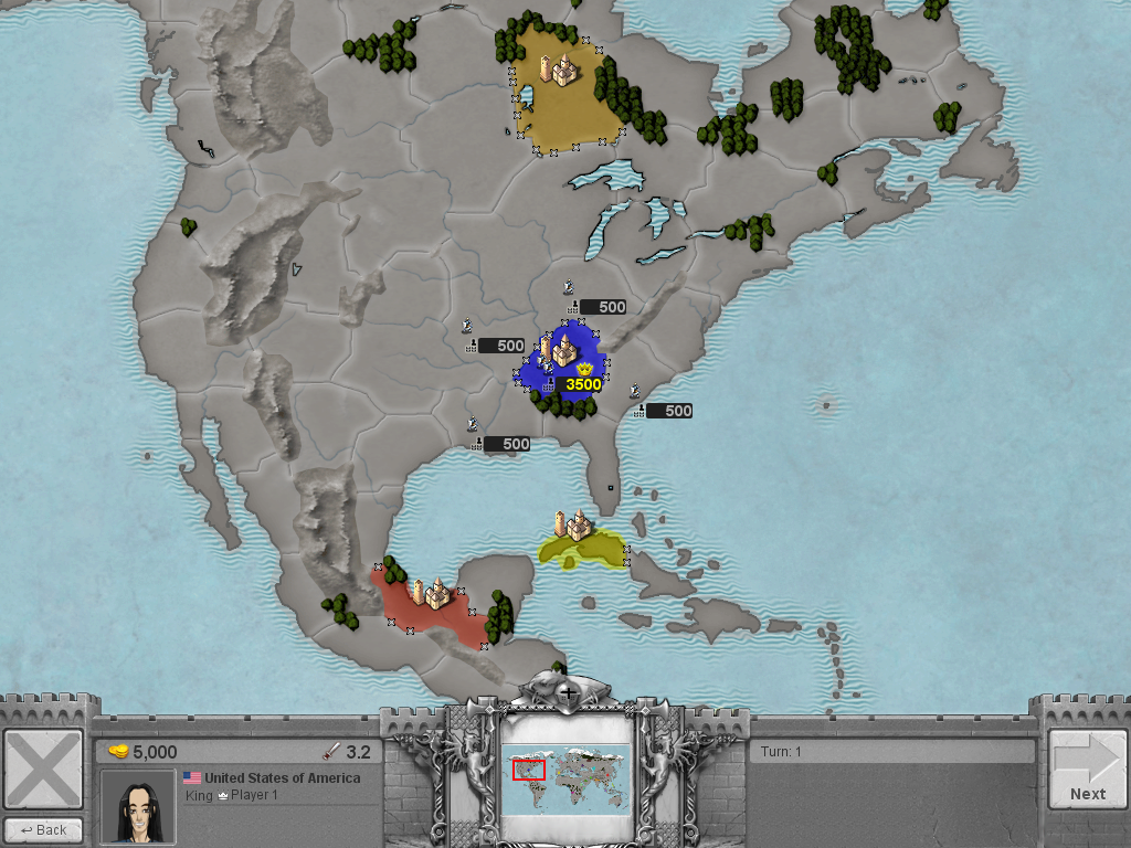 Aevum Obscurum (Windows) screenshot: The player is depicted in blue while his opponents' provinces are colored in yellow, gold and red.