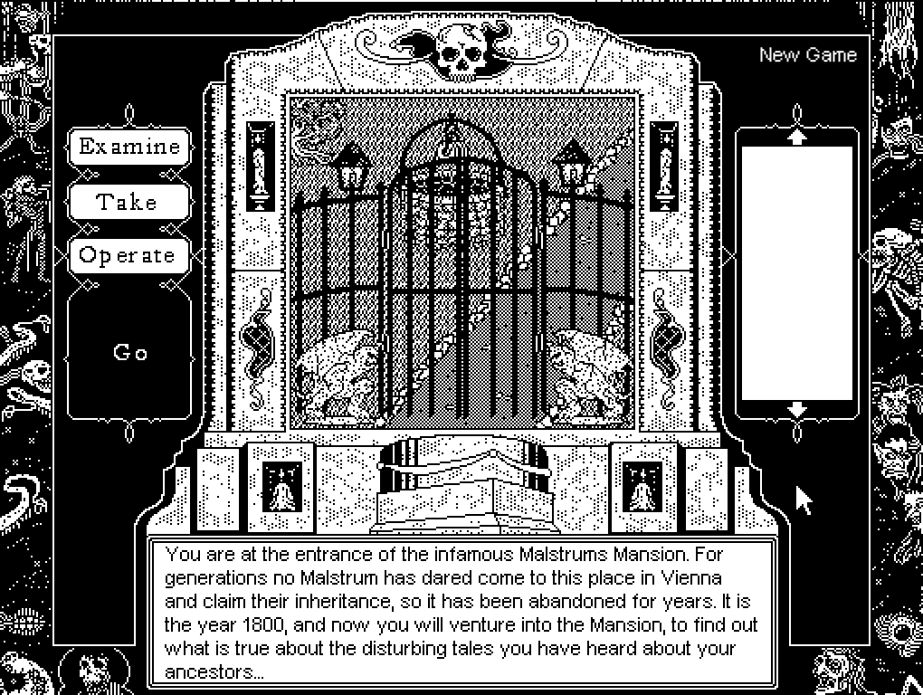 Malstrum's Mansion (Browser) screenshot: Facing the gates.