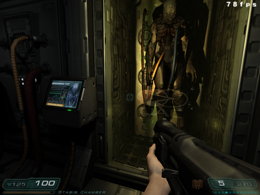 Doom³ (Linux) screenshot: One of the many strange sights encountered in the Delta Complex... pickled Imp.