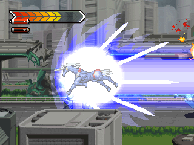 Gear Senshi Dendoh (PlayStation) screenshot: Unicorn Drill in action during Beat-em-up part of level 2 ...