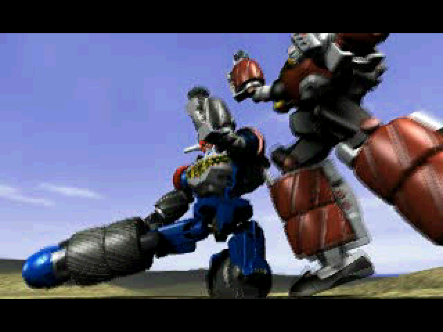 Gear Senshi Dendoh (PlayStation) screenshot: (Intro movie) The two mechas facing off. They seem to have tires on their forearms and legs. And for good reason.