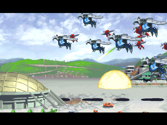 Gear Senshi Dendoh (PlayStation) screenshot: The invasion begins