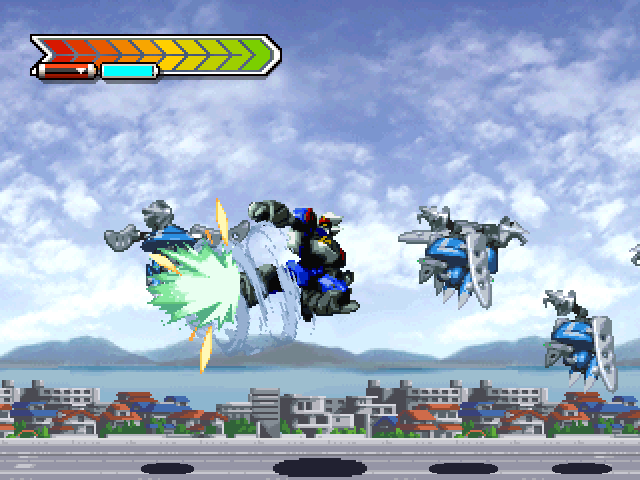 Gear Senshi Dendoh (PlayStation) screenshot: Whirl kick. See how the tires come in handy now?