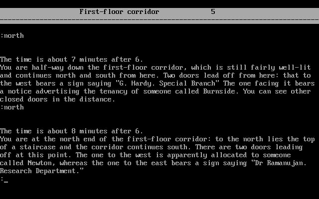 Spy Snatcher (DOS) screenshot: Wandering the hall and keeping track of time.