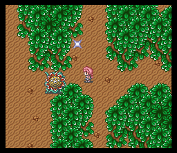 Magic Knight Rayearth (SNES) screenshot: In a forest, in front of an evil plant. Save point is nearby