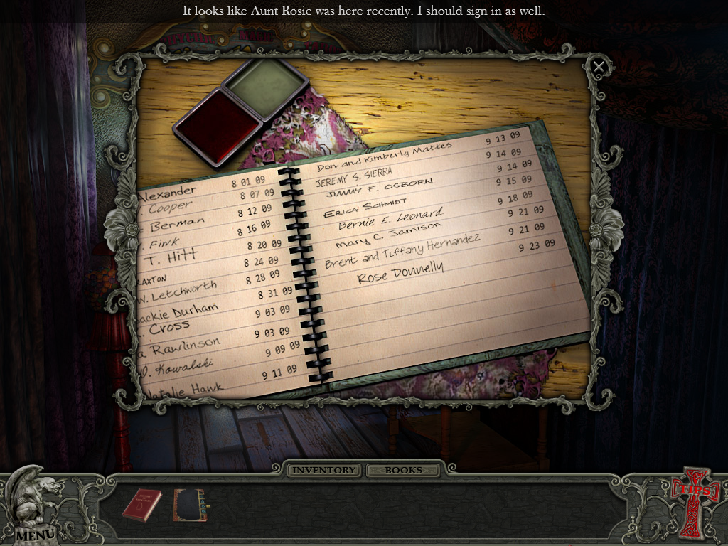 Hidden Mysteries: Vampire Secrets (Windows) screenshot: Guestbook