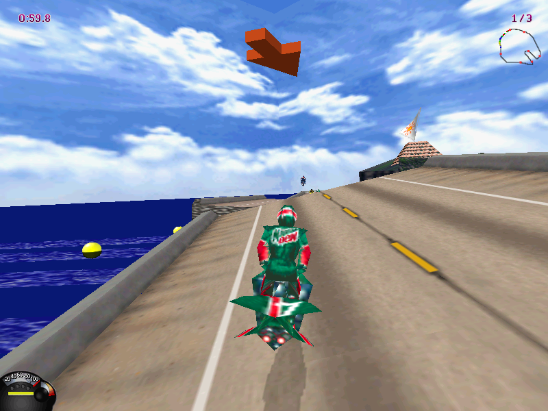Jet Moto (Windows) screenshot: Jumping on broken road.