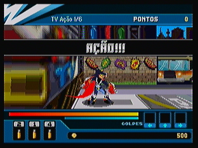 Action Hero 3D: Wild Dog (Zeebo) screenshot: This is the main action screen. The hud shows the stage you're in, points, cash, special items and special blows.