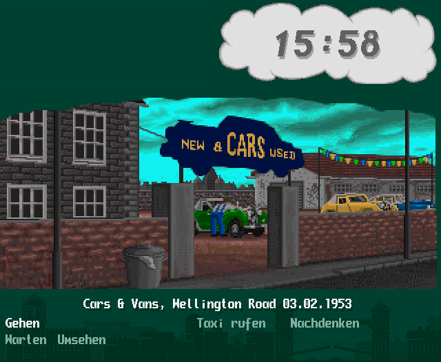 The Clue! (Amiga CD32) screenshot: At the used car lot.