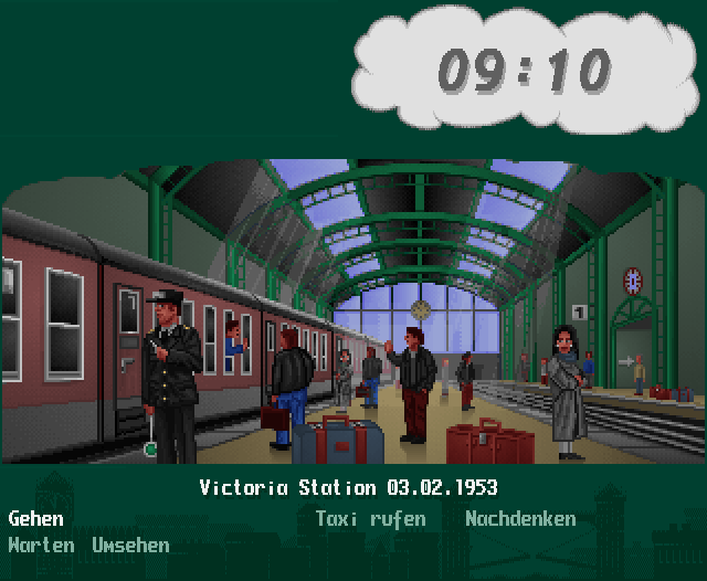 The Clue! (Amiga CD32) screenshot: I arrive at Victoria station in the morning.