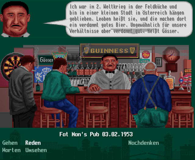 The Clue! (Amiga CD32) screenshot: The barkeeper is advertising beer from Austria.