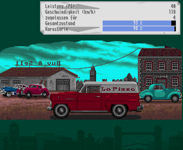 The Clue! (Amiga CD32) screenshot: This Opel Olympia is a bit too expensive for my budget right now.