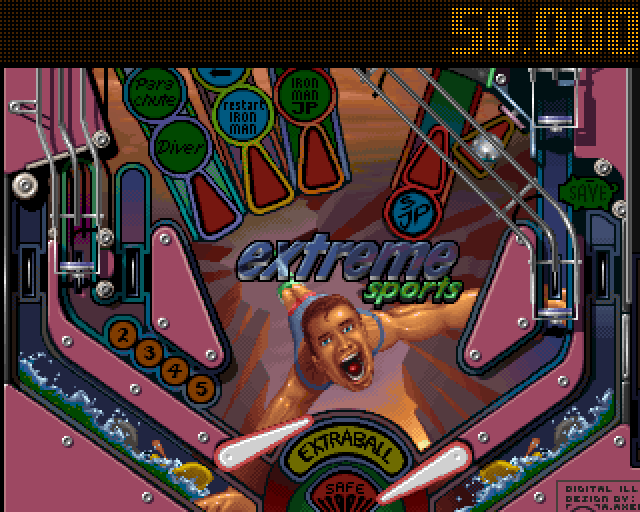 Pinball Illusions (Amiga CD32) screenshot: Extreme Sports table.