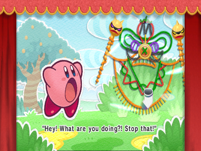 Kirby's Epic Yarn (Wii) screenshot: The story is lame but fortunately the gameplay is very well done