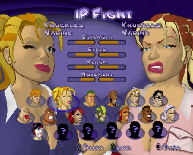 Black & Bruised (PlayStation 2) screenshot: A One Player fight starts with the player selecting their fighter and the game has paired Nadine to fight Nadine