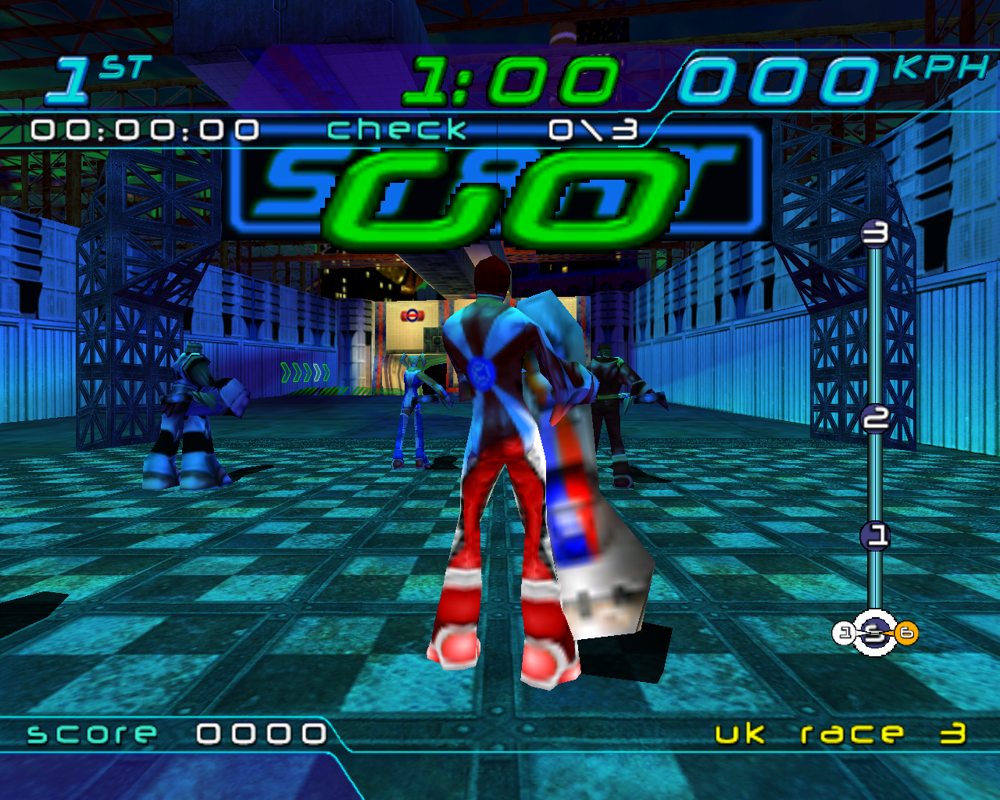 Trickstyle (Windows) screenshot: At the start line. My japanese racer has quite an elegant stance.