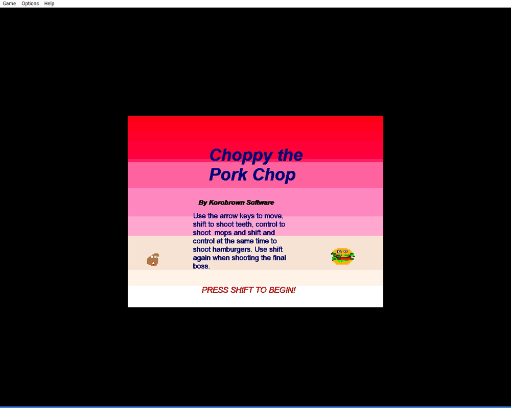 Choppy the Pork Chop (Windows) screenshot: The game starts with this screen which explains all there is to the game