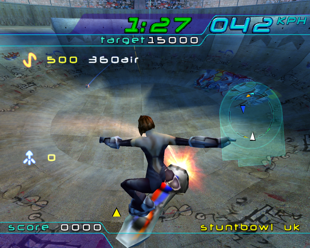 Trickstyle (Windows) screenshot: Performing a stunt competition in a huge bowl.