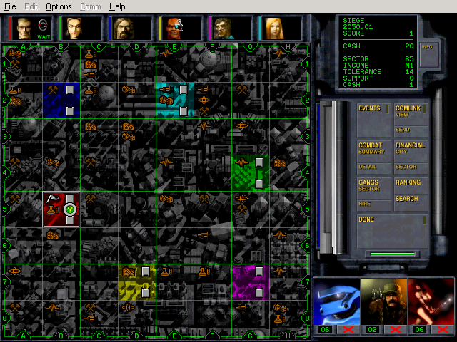 Chaos Overlords (Windows) screenshot: City overview, with important sites marked
