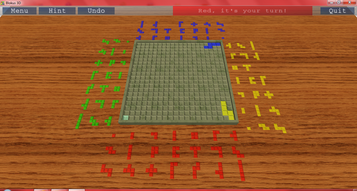 Blokus 3D (Windows) screenshot: It always starts like this, this time you are the red color in the lower left corner, with your 21 red stones in front of you ...
