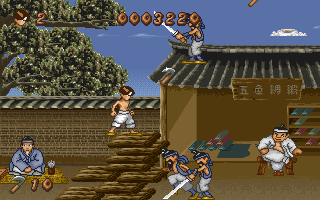 Jisaeneun Dal (DOS) screenshot: A lot of enemies come at the hero at once