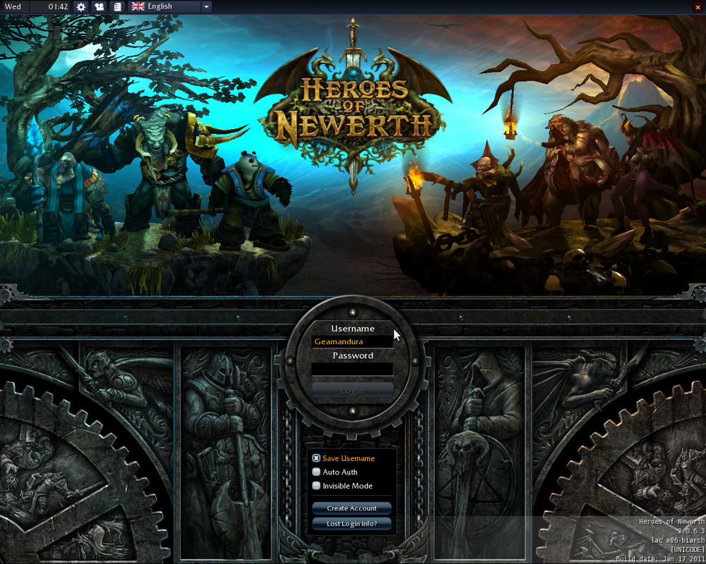 Heroes of Newerth (Linux) screenshot: Log-in screen
