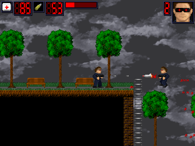 Action Cyborg (Windows) screenshot: Level 2 - Enemies bounce back when they're hit, so you can push them over ledges, and they'll fall down and take damage