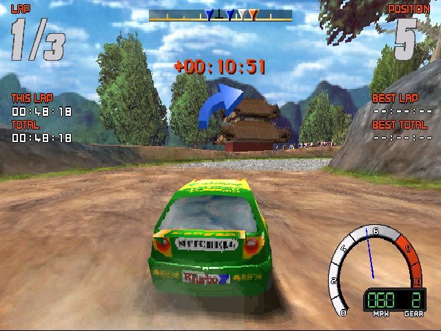 Screamer Rally (DOS) screenshot: Circuits often change from mud to gravel and viceversa
